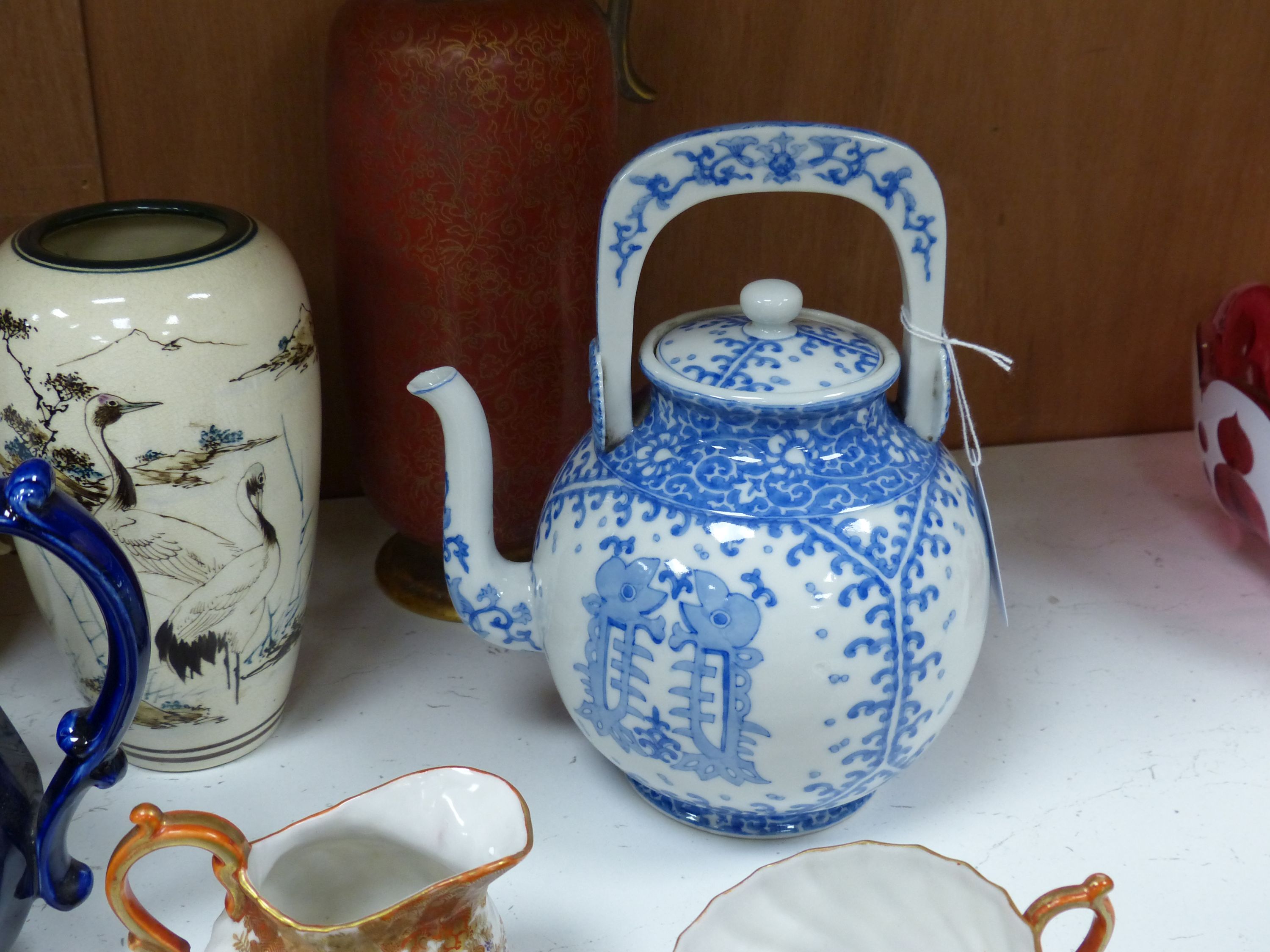 A Japanese blue and white tea kettle, Satsuma and Kutani wares etc
